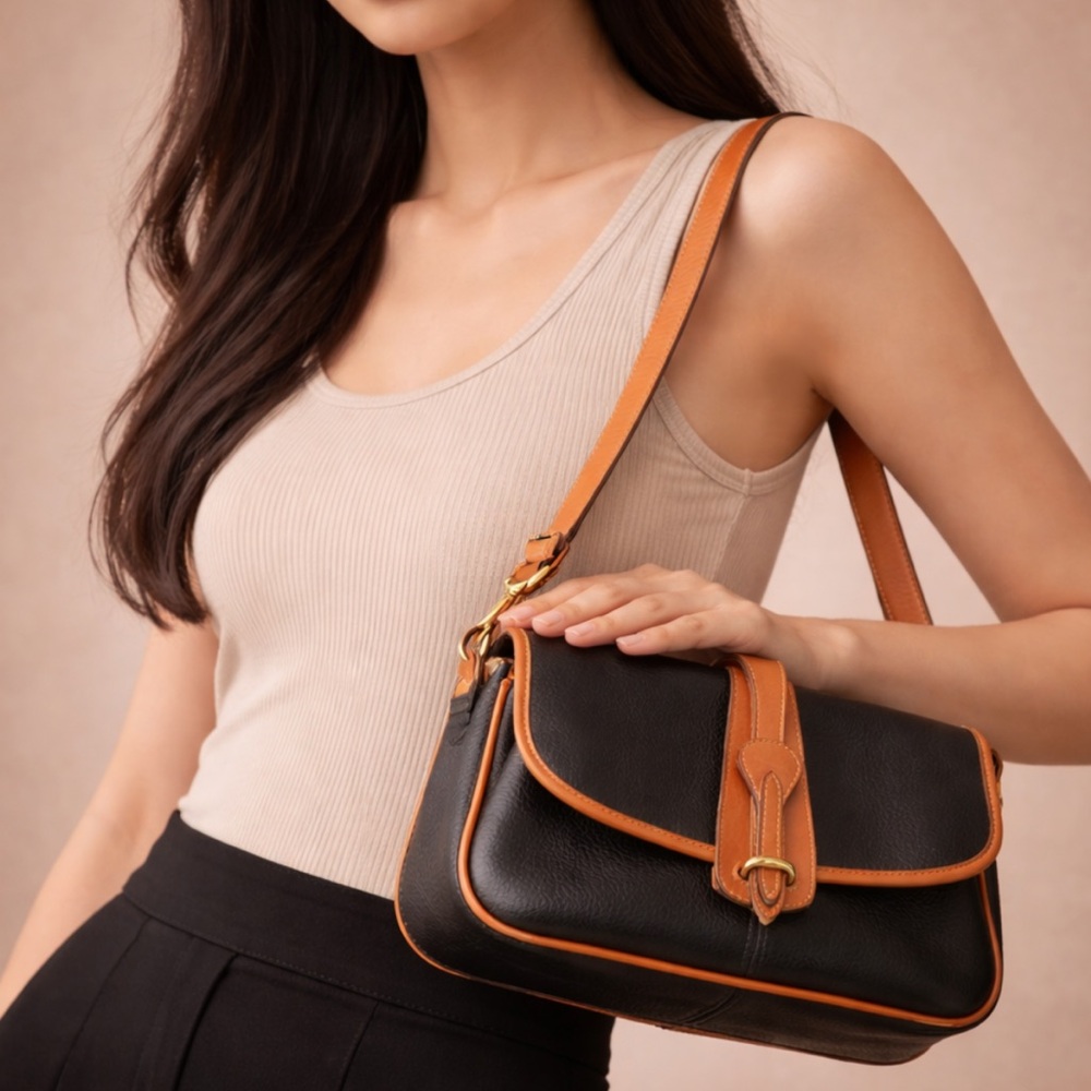 Dooney & Bourke Vintage Pebbled Leather Crossbody Bag Black Brown Trim Saddle